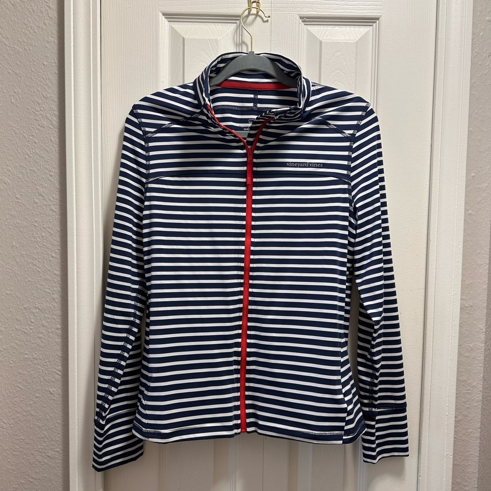 Vineyard Vines Performance Blue and White Striped Jacket with Red Zipper - NWT